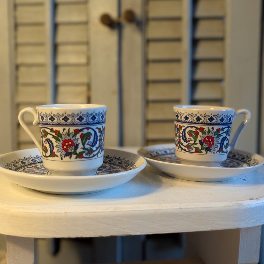 Traditional Turkish porcelain demitasse cups and saucers